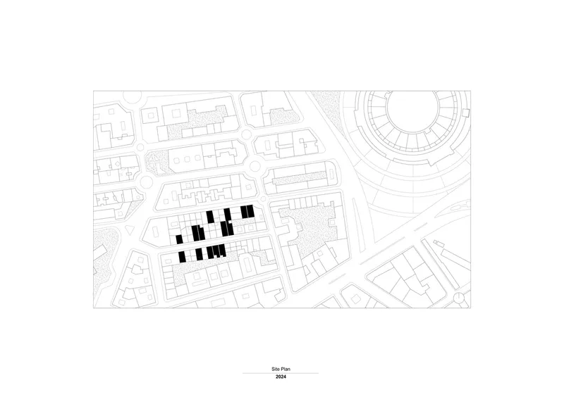 Site plan drawing showing a cluster of rectangular buildings within a curved urban block