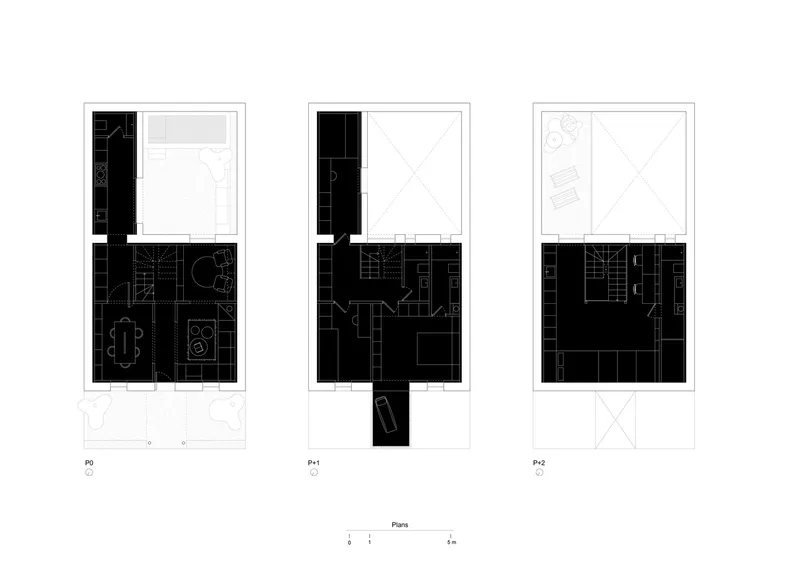 Three-level floor plan drawings showing interior layouts with courtyards and staircases
