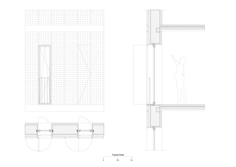 Facade detail drawings showing perforated wall assembly and horizontal slab connections with human figure for scale