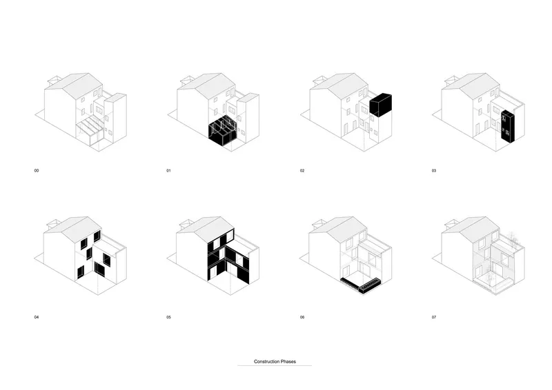 Axonometric sequence illustrating eight construction phases of a multi-unit residential volume