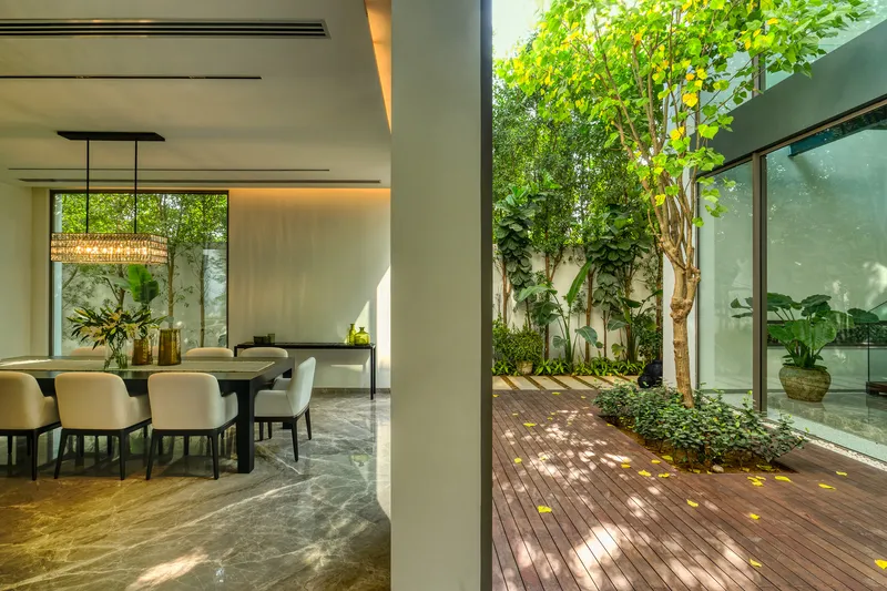 Interior view toward planted courtyard with timber deck and dappled sunlight
