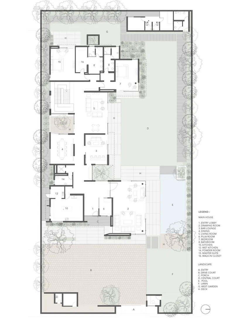 Floor plan drawing showing rooms arranged around central courtyard and pool