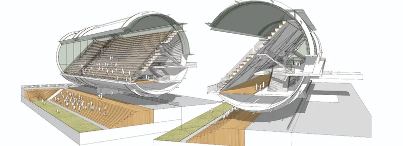 Cutaway axonometric drawing showing two rotating shell structures enclosing tiered seating and playing fields below