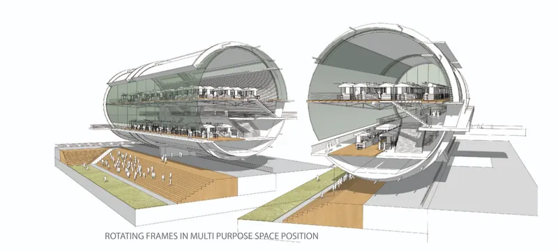 Axonometric section showing the rotating roof frames in multipurpose configuration over interior gathering spaces