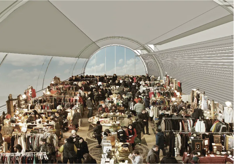 Interior view of the arched volume filled with vendors and shoppers beneath cable-stayed roof structure