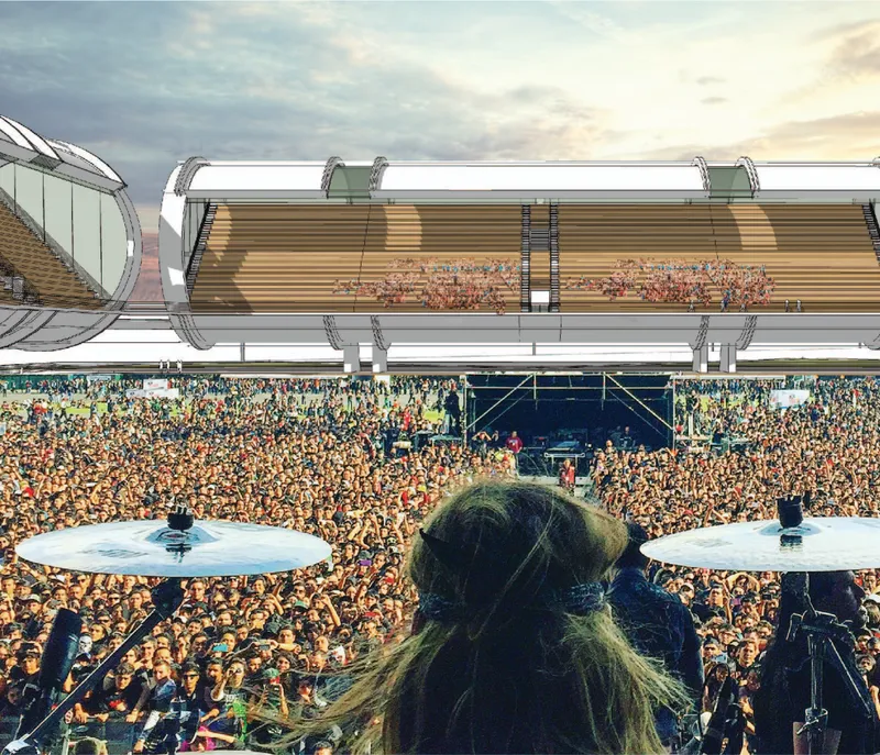 Stadium interior with horizontal timber and louvered roof panels above a crowded concert audience