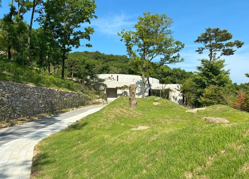 Grass slope with paved path leading to low concrete building nestled among mature deciduous trees
