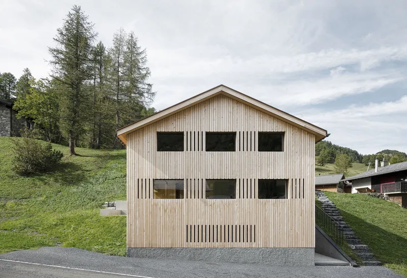 Vertical timber-clad gable facade with rhythmic window openings and wooden slat screens on a grassy hillside