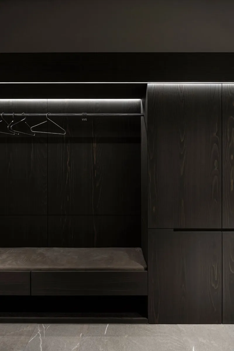 Dark timber veneer closet with illuminated hanging rail and wire hangers above a stone floor