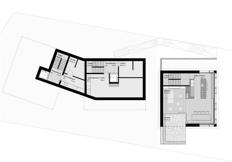 Floor plan drawing depicting two connected volumes with open living spaces and outdoor terrace