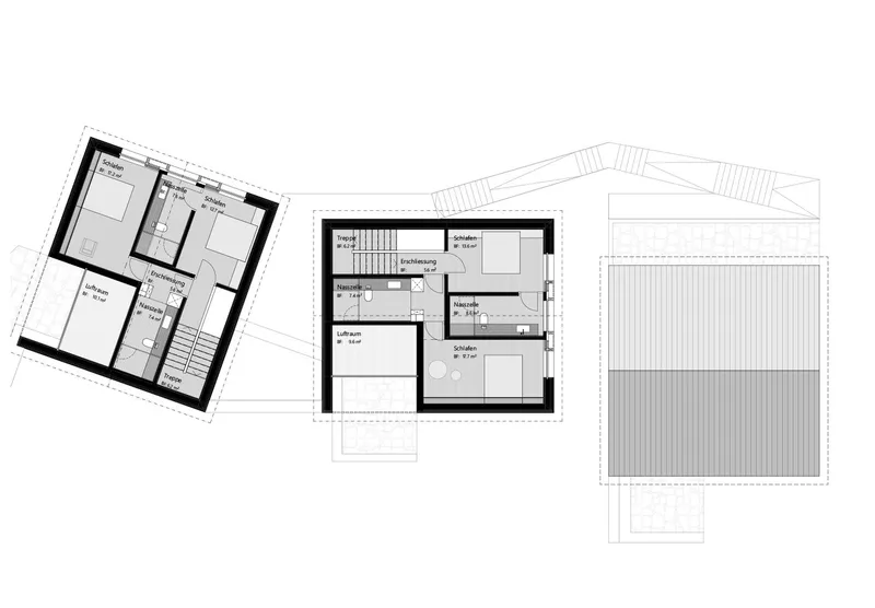 Floor plan drawing showing upper level bedrooms and rooftop terrace with timber decking