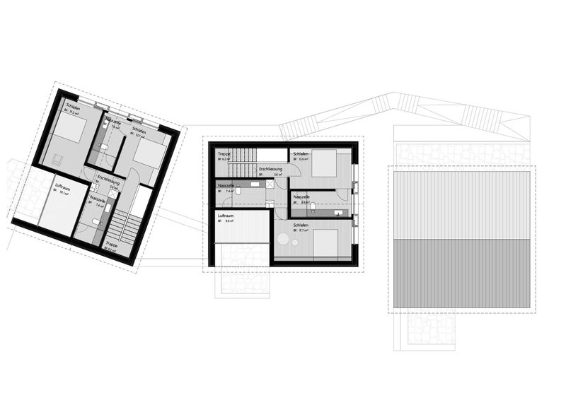 Floor plan drawing showing upper level bedrooms and rooftop terrace with timber decking