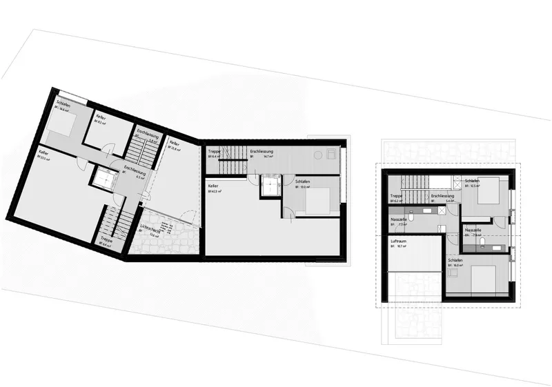 Floor plan drawing showing multi-level residential layout with angled volumes and central circulation core