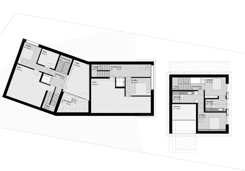 Floor plan drawing showing multi-level residential layout with angled volumes and central circulation core