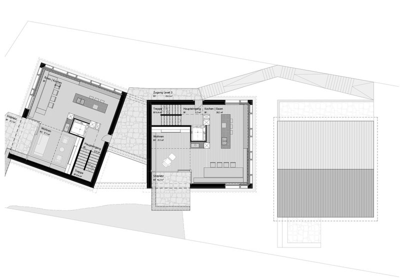 Floor plan drawing showing open living and dining areas with kitchen and adjacent outdoor pool
