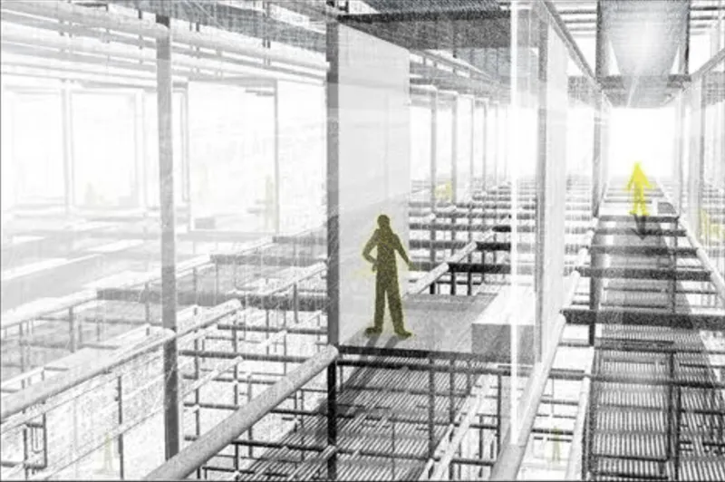 Interior rendering showing a figure standing on a metal grate platform overlooking terraced seating below