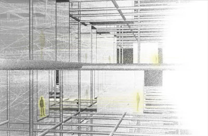 Section perspective showing double-height spaces connected by stairs with figures on multiple levels under an exposed frame
