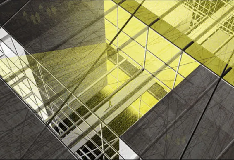Axonometric drawing looking down into a yellow-tinted atrium with diagonal structural bracing and figures at ground level