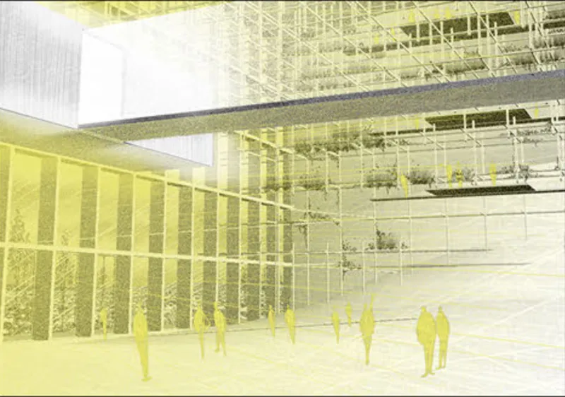 Perspective rendering of the entry plaza with yellow glass walls and figures beneath an exposed structural ceiling