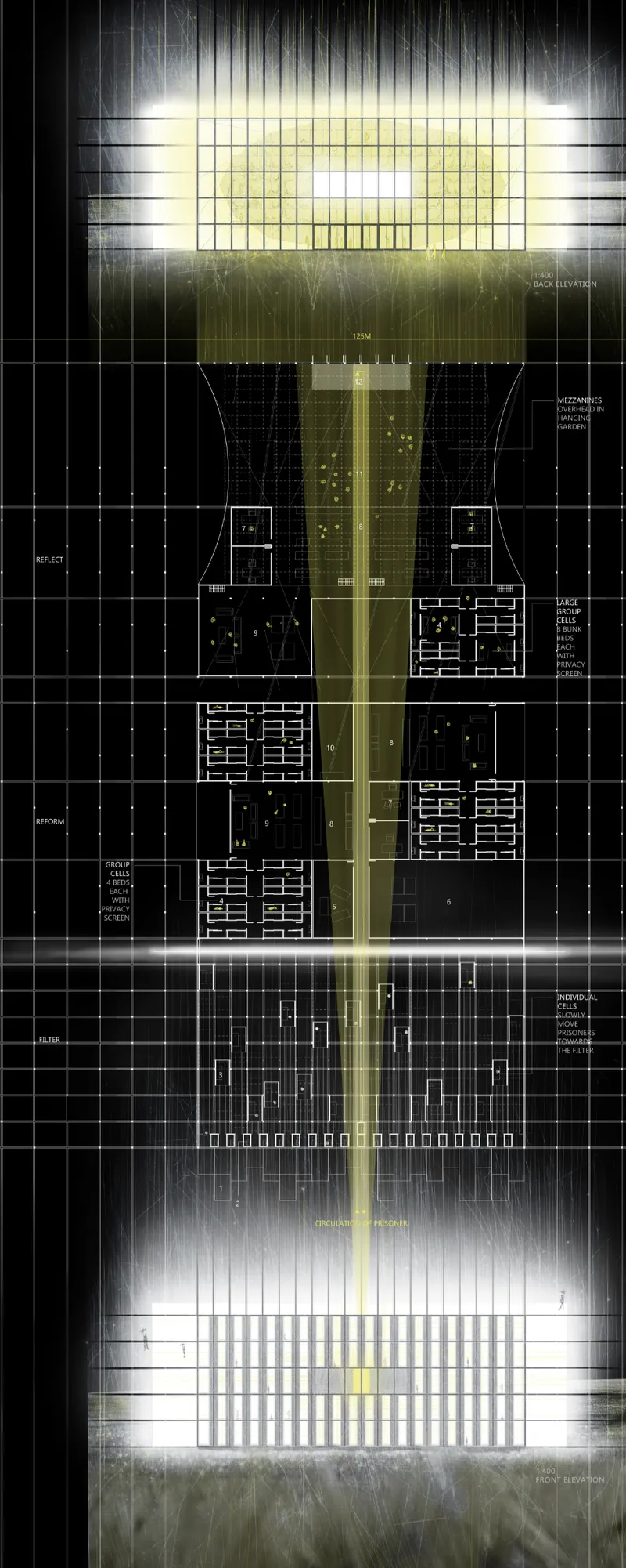 Section drawing showing floor plans flanking a central yellow-lit vertical circulation shaft with grid ceiling