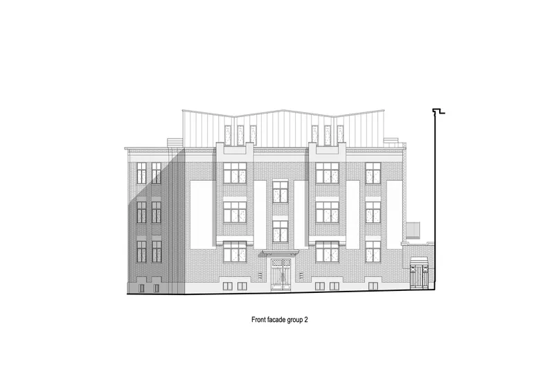 Front facade elevation drawing displaying alternating brick and smooth panel surfaces with paired and single window openings