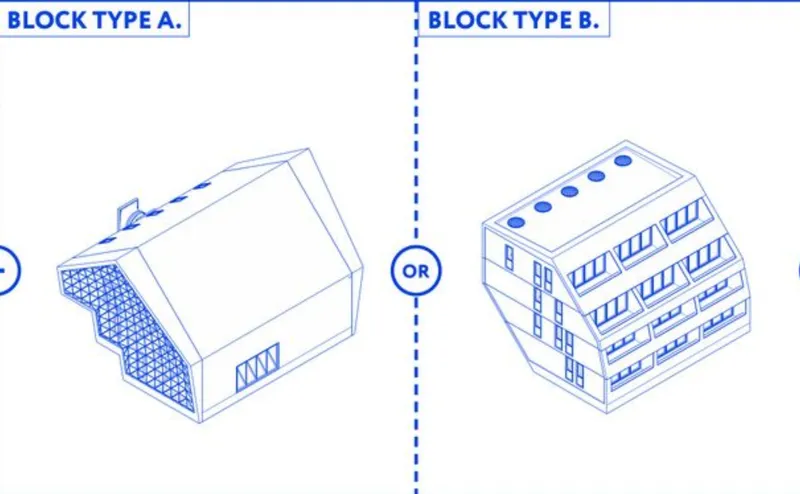 Isometric diagram comparing two building typologies, one with triangulated enclosure and one with multi-story fenestration