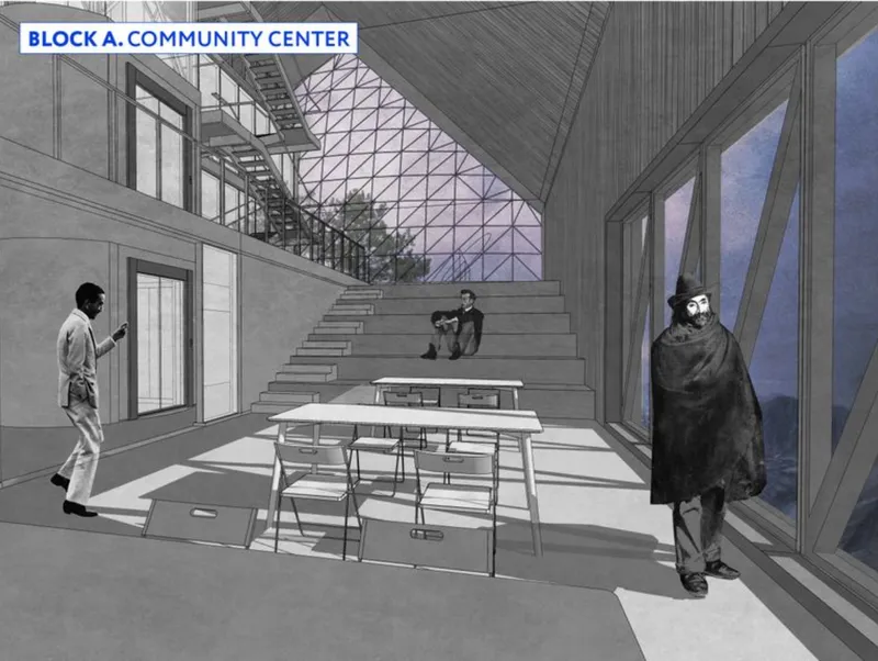Interior rendering showing a double-height gathering space with stepped seating, tables, and a triangulated skylight above