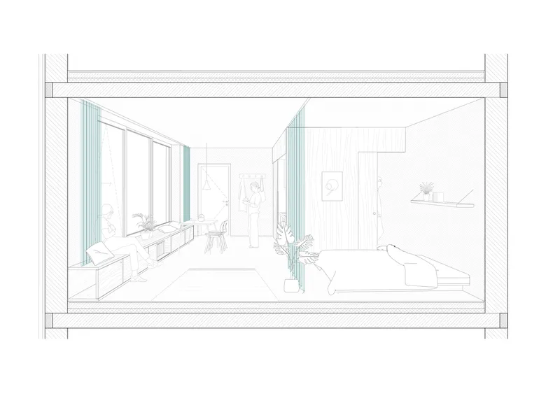 Section drawing showing an open-plan interior with floor-to-ceiling glazing, curtains, and built-in cabinetry