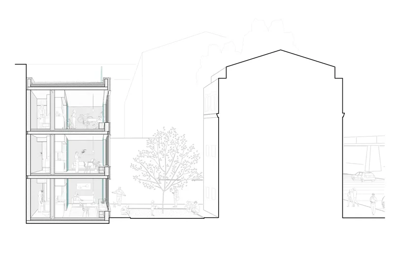 Elevation drawing depicting a three-story volume alongside a taller pitched-roof structure with a tree between them