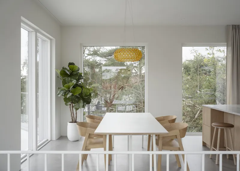 Dining room with timber table and chairs overlooking treetops through picture windows with pendant light