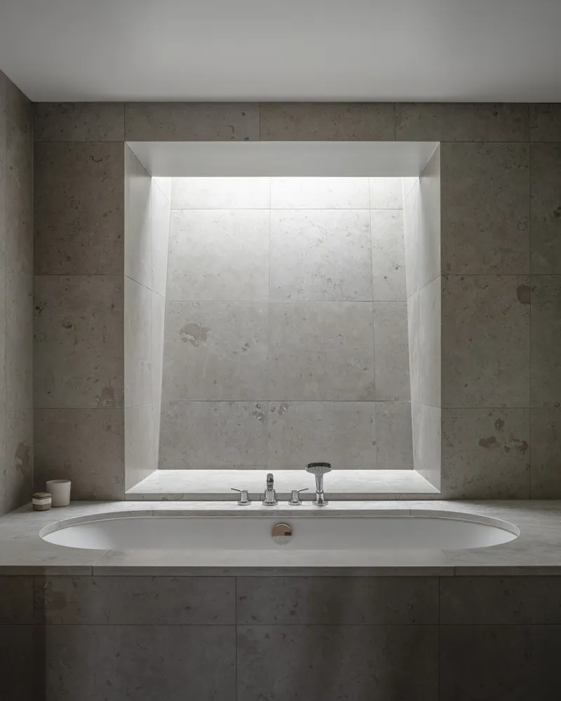 Concrete bathroom vanity with undermount sink below a recessed window niche framed in white plaster