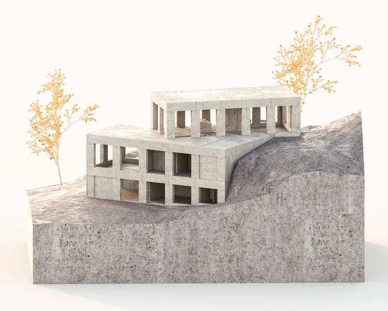 Physical model showing concrete block structure with rooftop terrace set into a hillside with autumn saplings