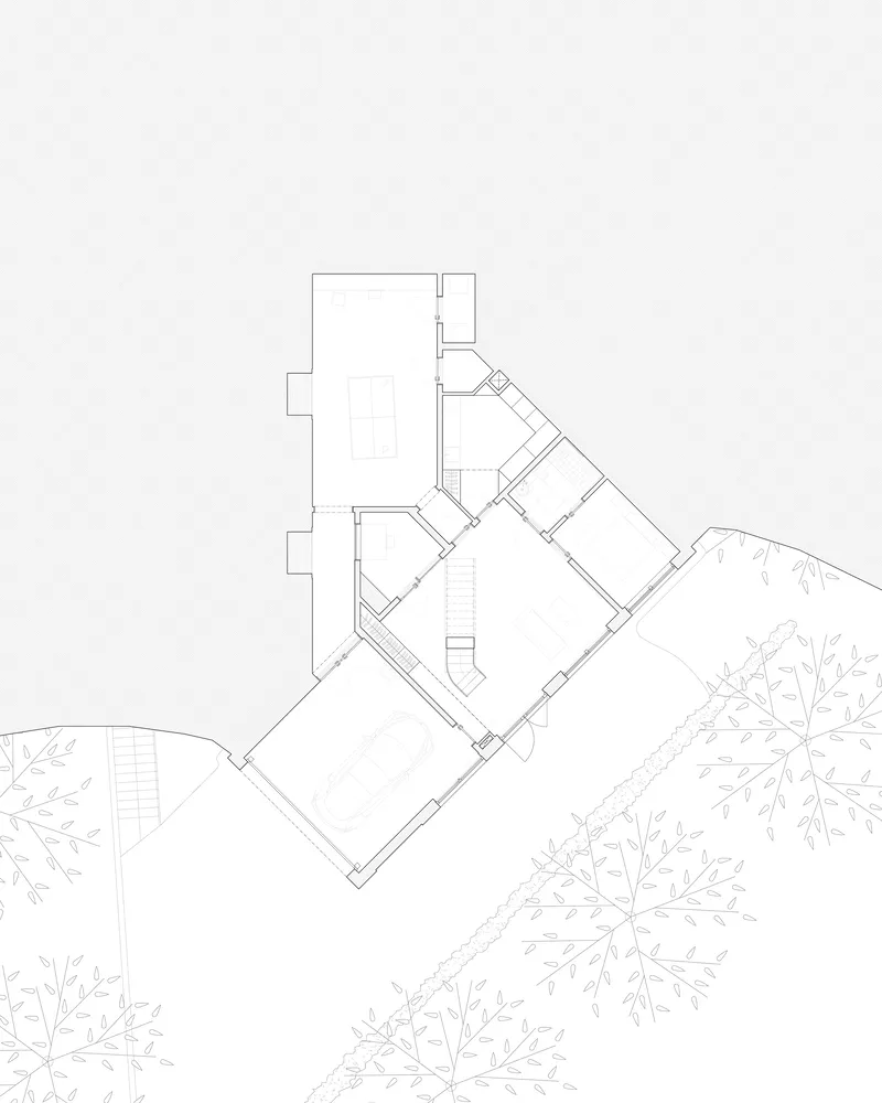 Floor plan drawing depicting the angled room layout with surrounding tree canopies indicated