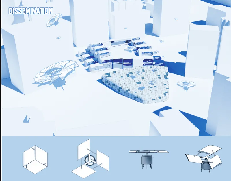 Axonometric rendering in white and blue showing modular pavilions and dispersing drone units overhead