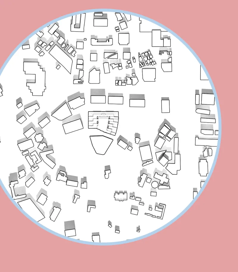 Aerial site plan drawing depicting scattered building footprints and street layouts in a circular frame