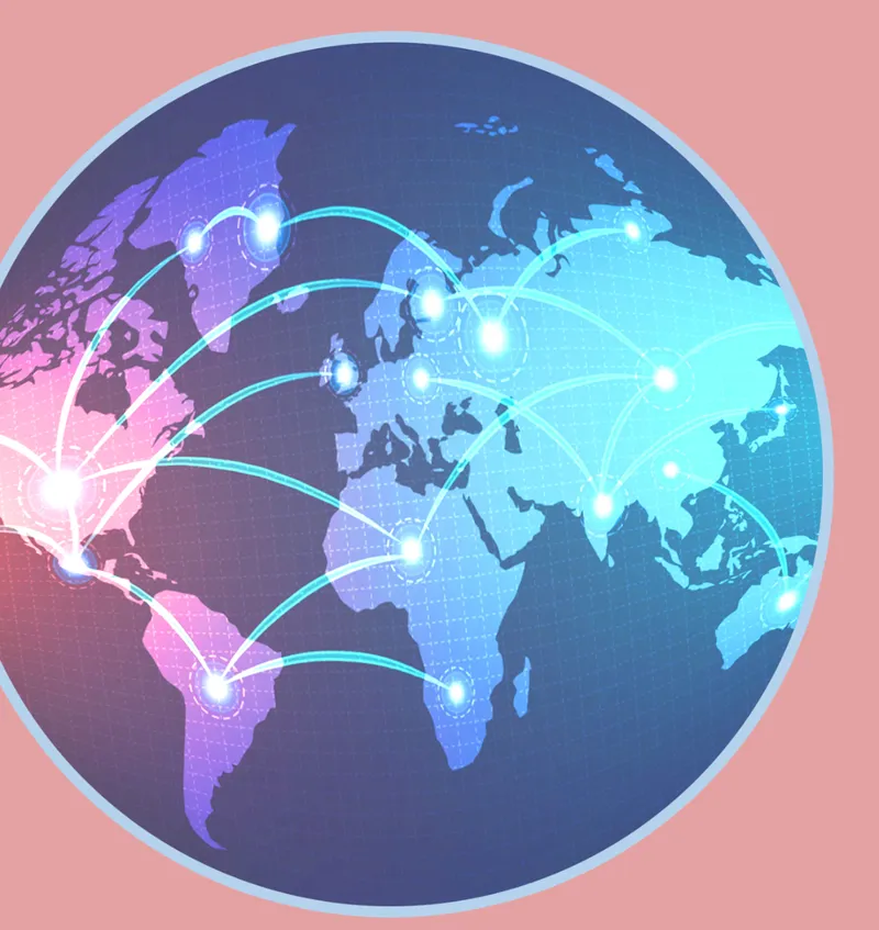 Digital globe display showing illuminated network connections across continents on a dark blue sphere