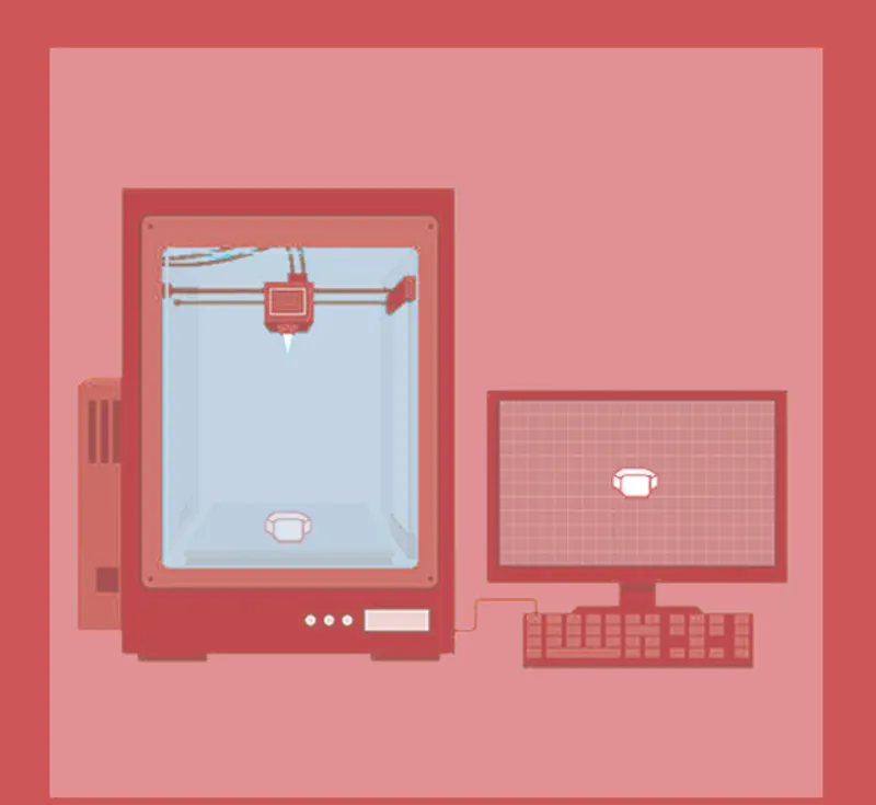 Illustration of a three-dimensional printer and computer monitor in a tonal red workspace