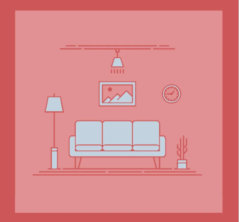 Diagram of an interior room with sofa, floor lamp, pendant light and wall clock