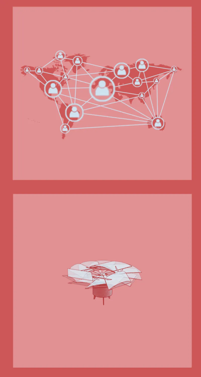 Diagram illustrating a network of connected user nodes above an isometric drone delivery pavilion