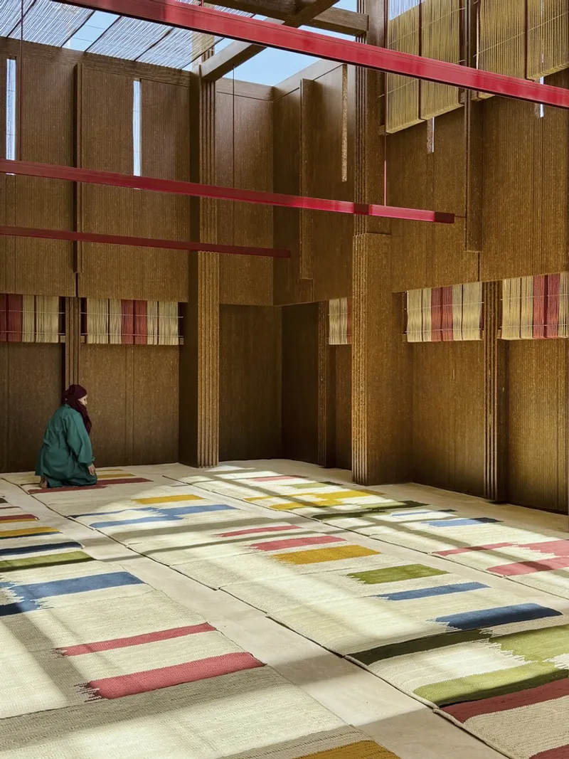 Visitor standing beside textured wall panels as colored light patterns fall across the floor