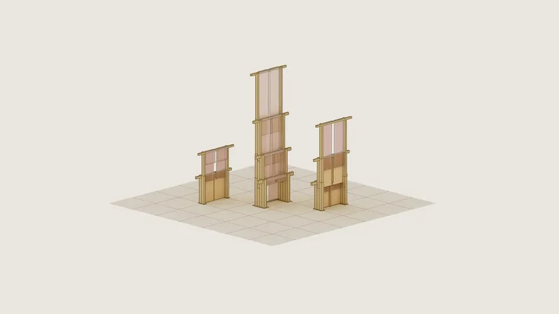Isometric drawing showing three vertical timber structural assemblies with translucent infill panels on a grid base
