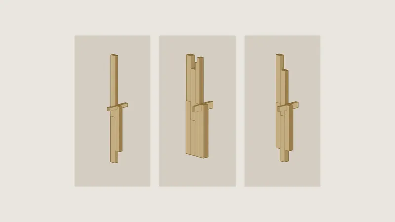 Three elevation drawings of vertical timber column assemblies with varying configurations of connector elements