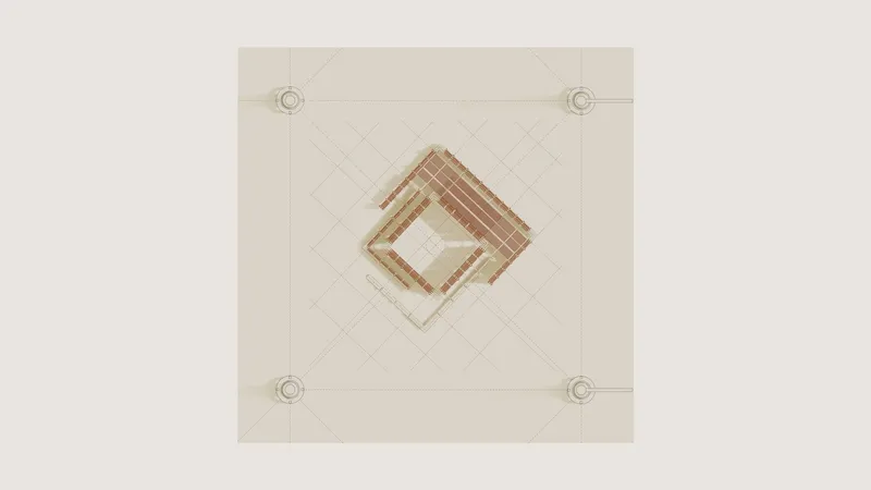 Plan drawing of a square timber structure with layered perimeter walls and an open central void