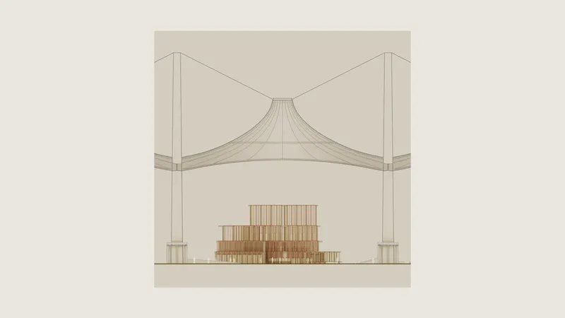 Section drawing of a timber pavilion beneath a cable-supported canopy structure with boundary columns