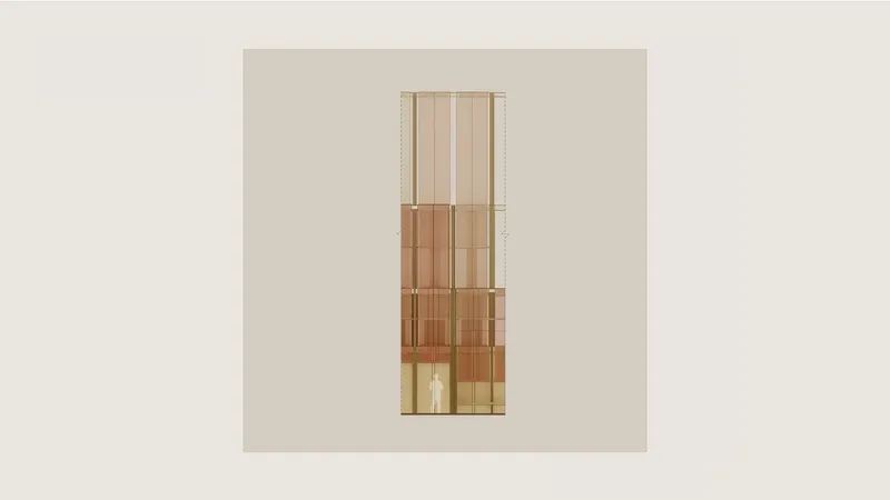 Elevation drawing of a vertical timber tower showing layered construction with translucent upper levels