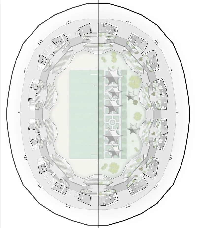 Site plan drawing showing an oval ring of housing units surrounding a central courtyard with trees and water features
