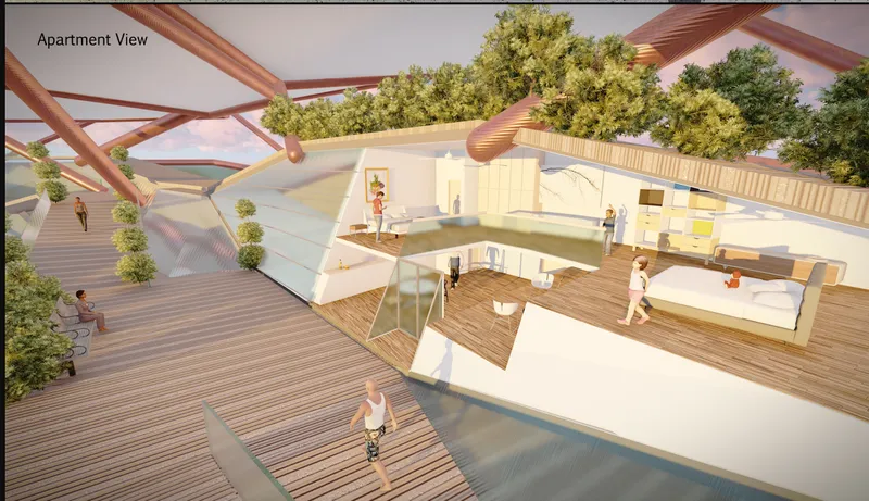 Rendered rooftop terrace with timber decking and exposed structural trusses framing views to surrounding trees