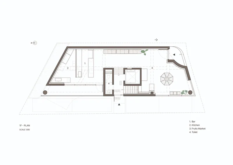 Floor plan drawing showing bar, kitchen, market area and toilet within an angled perimeter wall