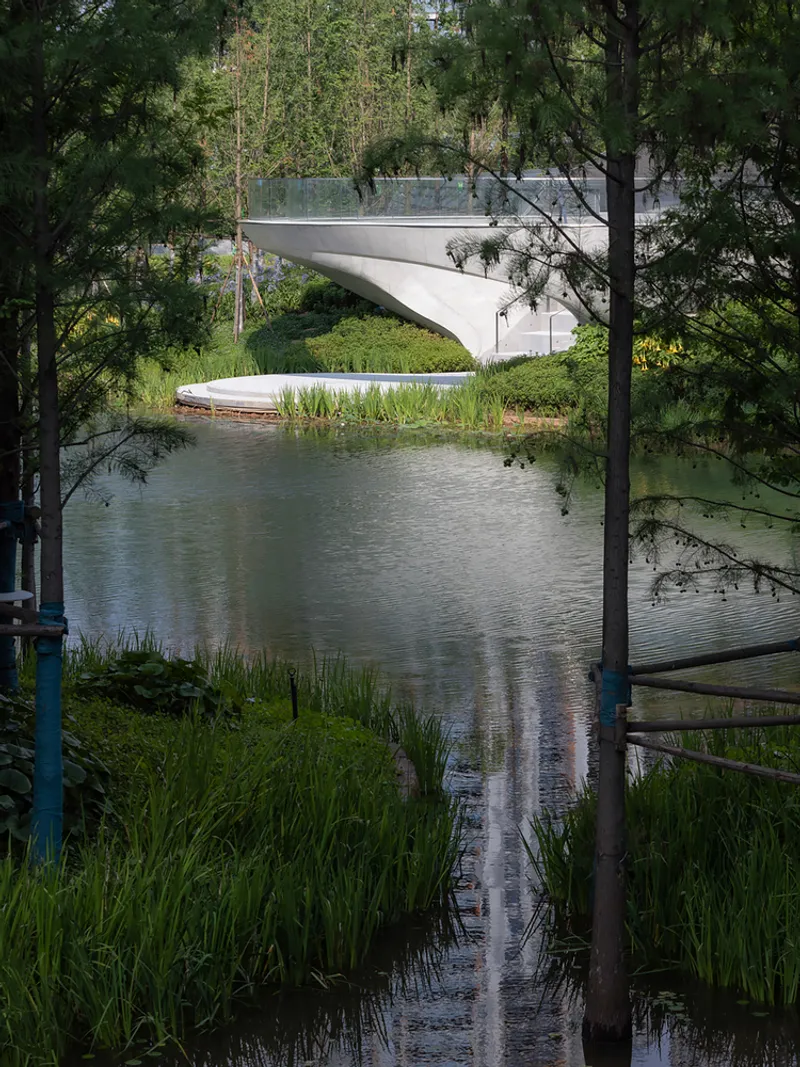 Cantilevered white concrete deck extending over the wetland pond with grasses and trees framing the view
