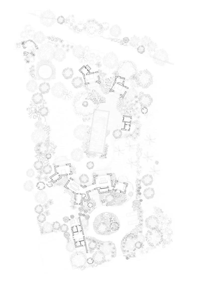 Site plan drawing showing scattered building volumes and swimming pool among tree canopies